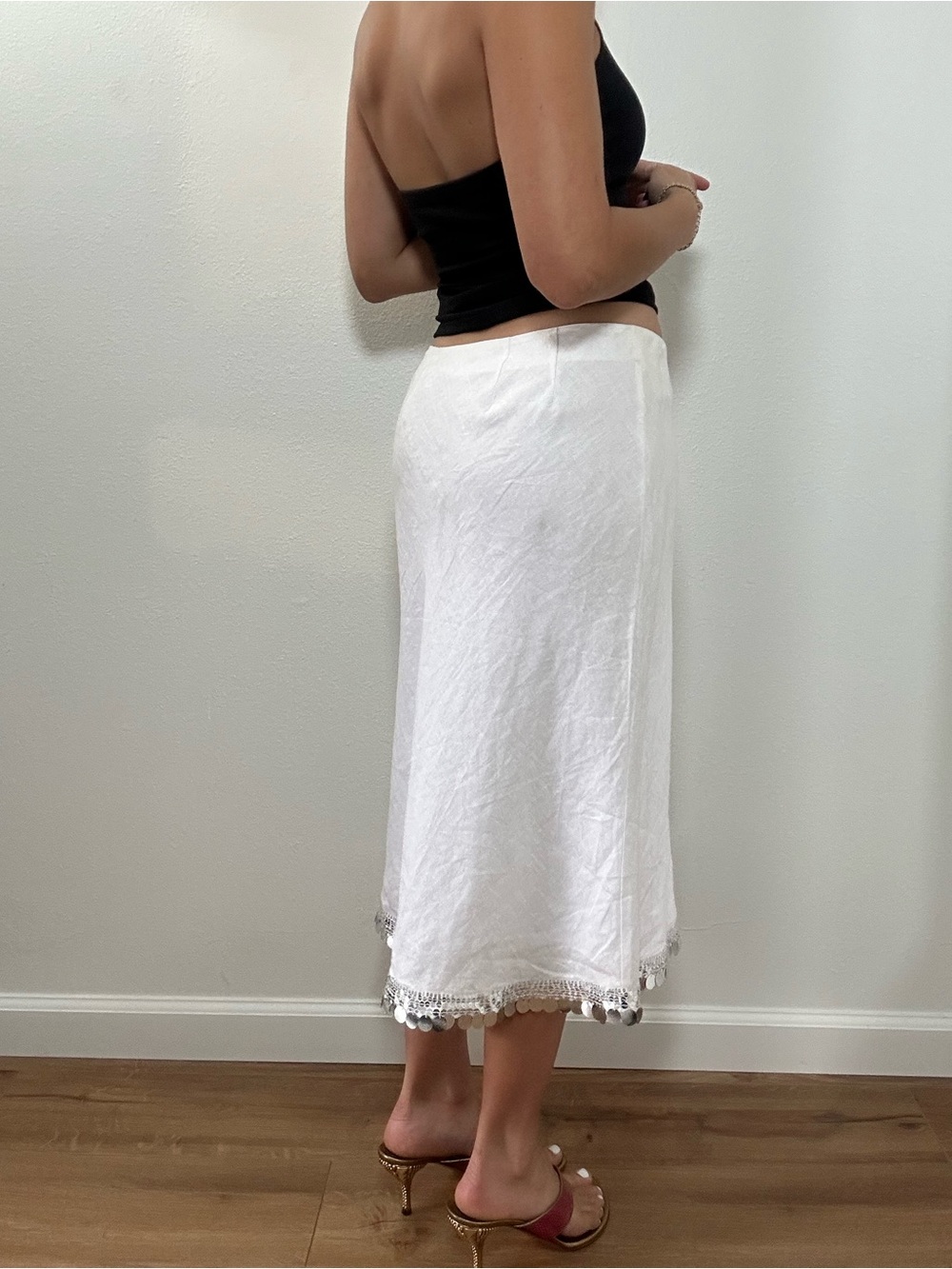Richard Malcolm Irish Linen White Midi Skirt with Silver Sequin Trim Size 10 - Picture 5 of 14